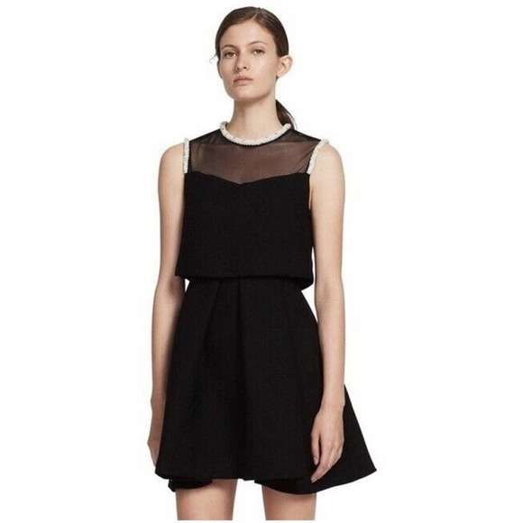 Sandro Dresses & Skirts - Sandro Paris NWD Ouma Rhinestone Beaded A Line Dress Black Mesh Contrast Sz M ?